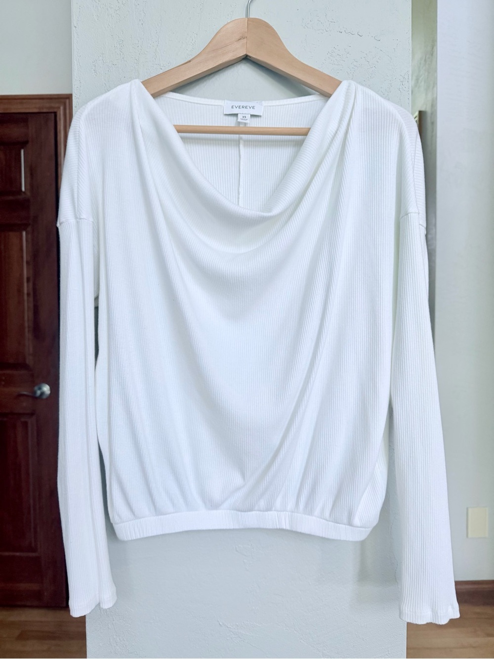Evereve White Ribbed Cowl-Neck Long Sleeve Top